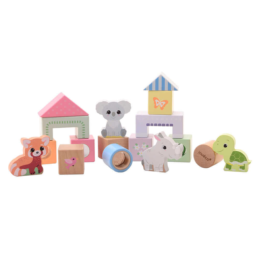 Jouéco - Cubes sensoriels de construction "The wildies Family" - animaux, cubes, multi sensoriels, à empiler