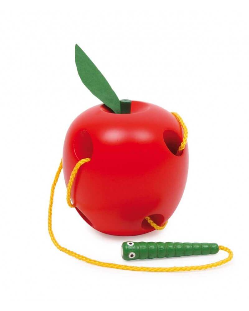 Small Foot - Jeu à enfiler Pomme et ver - A partir de 3 ans - chenille, lacé, laçage, motricité fine, pomme