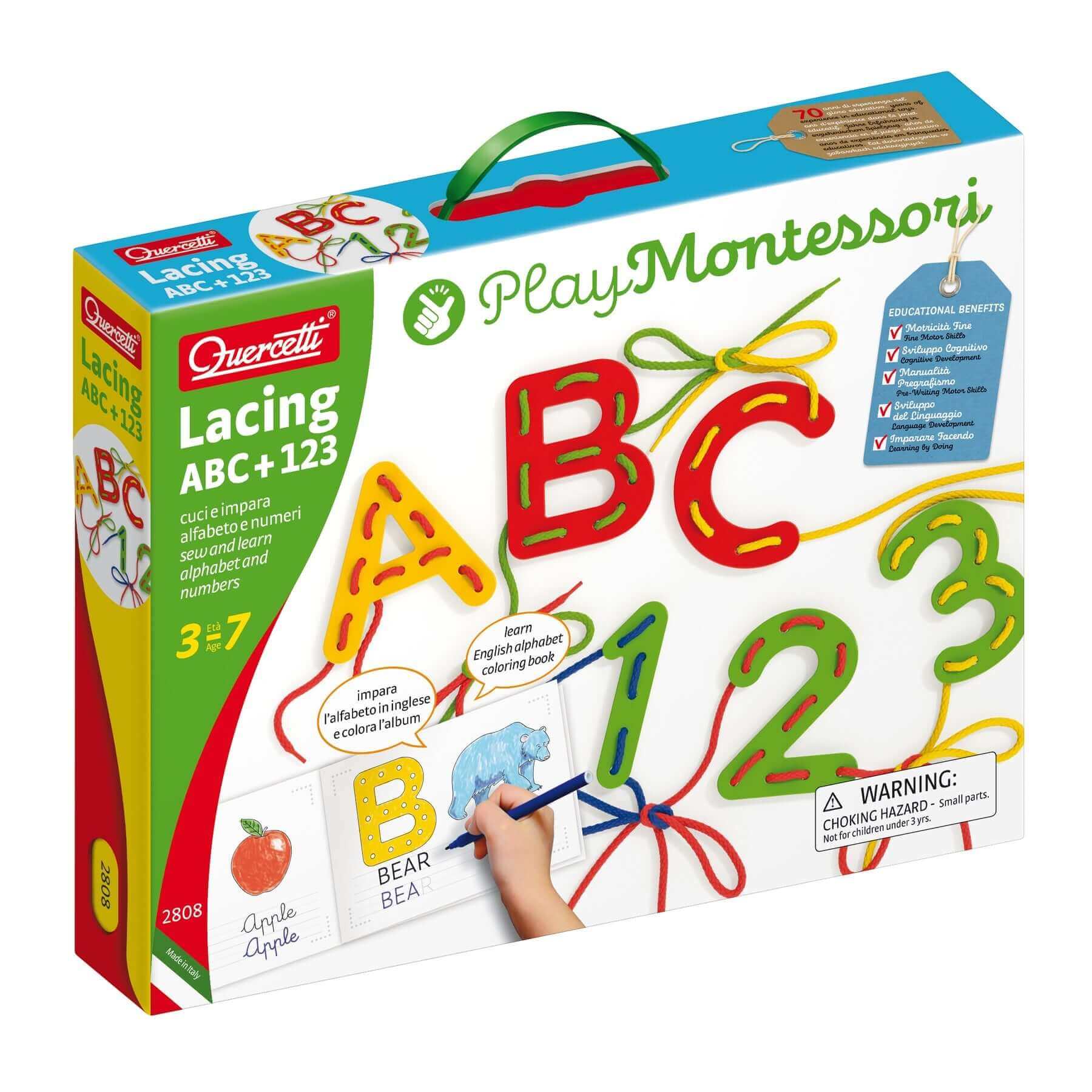 Quercetti - Lacing ABC + 123 - A partir de 3 ans - animaux à lacer, motricité fine, à lacer
