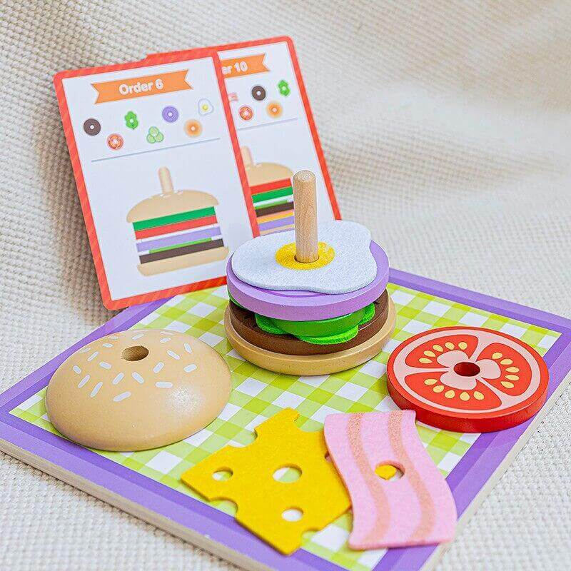 Tooky Toys - Montessori Puzzle Burger à empiler - A partir de 3 ans - burger, logique, mathématique, mathématiques, suite, suite logique, à empiler