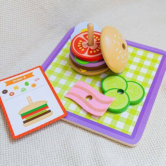 Tooky Toys - Montessori Puzzle Burger à empiler - A partir de 3 ans - burger, logique, mathématique, mathématiques, suite, suite logique, à empiler