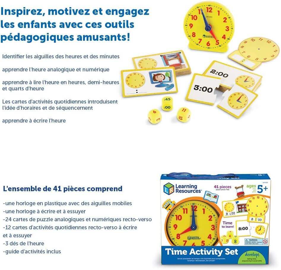 Learning Resources - Kit d'activités "Apprendre l'heure" - heure, heures, J'apprends l'Heure, minutes, Se Repérer Dans le Temps, temps