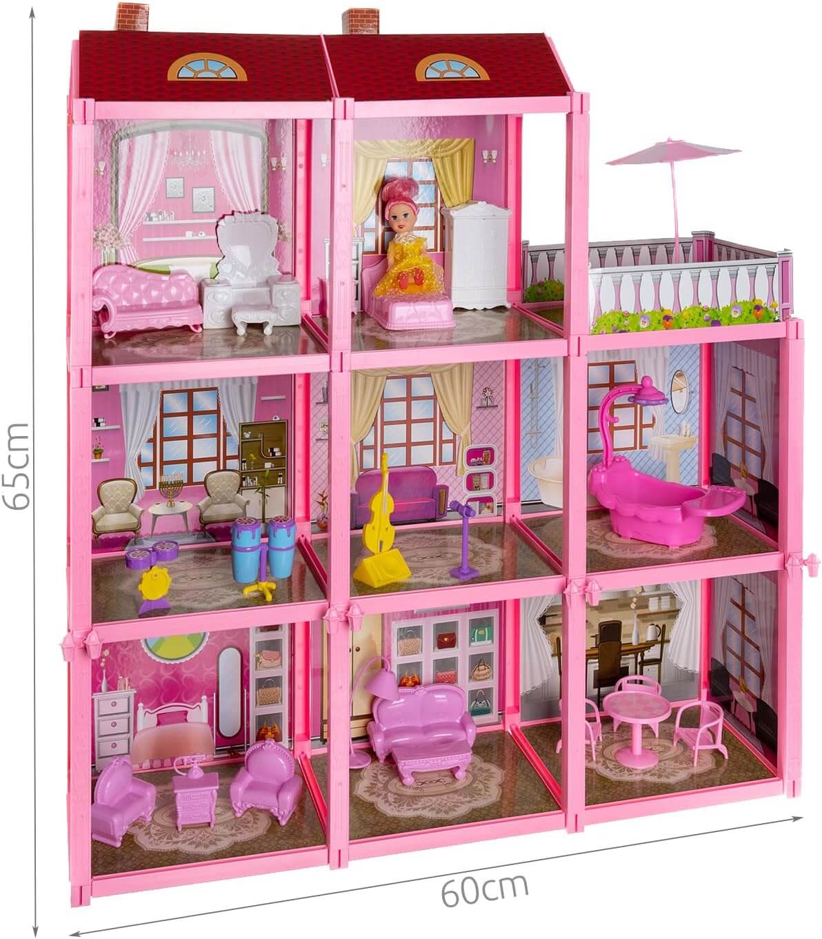 Kruzzel -  Maison de Poupée "Fashion Villa" - 3 étages - 8 pièces + Terrasse - Dès 3 ans