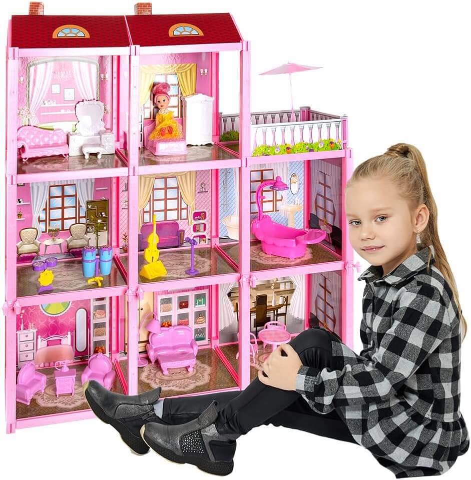 Kruzzel -  Maison de Poupée "Fashion Villa" - 3 étages - 8 pièces + Terrasse - Dès 3 ans