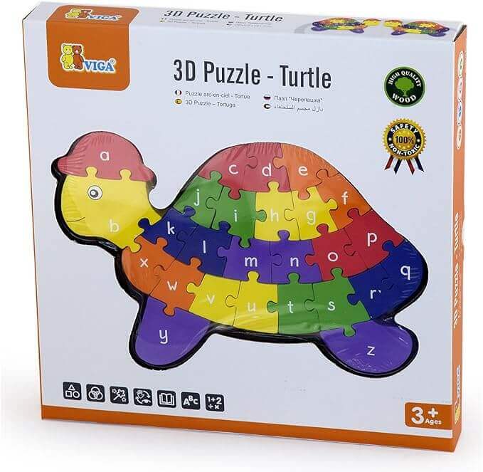 Viga Toys - Puzzle ABC / 123 Tortue - A partir de 3 ans - alphabet, couleurs, motricité fine, puzzle