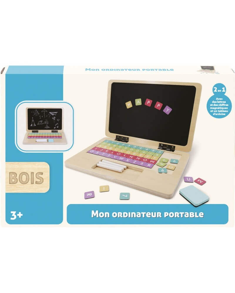 WDK - Ardoise magnétique "Mon premier ordi portable" - A partir de 3 ans - alphabet, calculs, chiffres, magnétique, maths, mathématique, mathématiques, tableau, écriture
