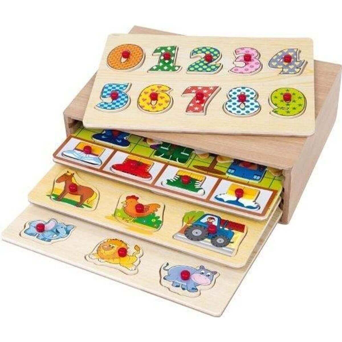 First Learning - Coffret 4 Puzzles en bois - animaux, chiffres, motricité fine, puzzle, Vêtements