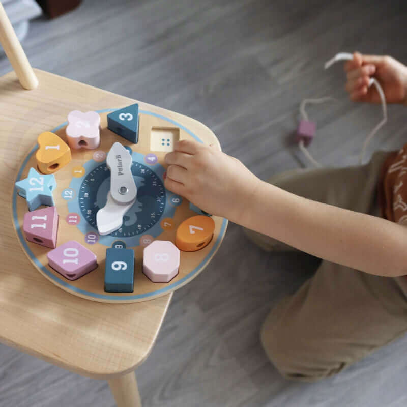 Polar B by Viga - Horloge Tri de Formes "Elephant" - 18 mois - chiffres, formes, heure, horloge, nombres, perles, trieur, trieur de formes, à lacer