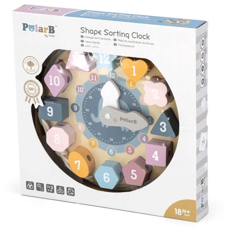 Polar B by Viga - Horloge Tri de Formes "Elephant" - 18 mois - chiffres, formes, heure, horloge, nombres, perles, trieur, trieur de formes, à lacer